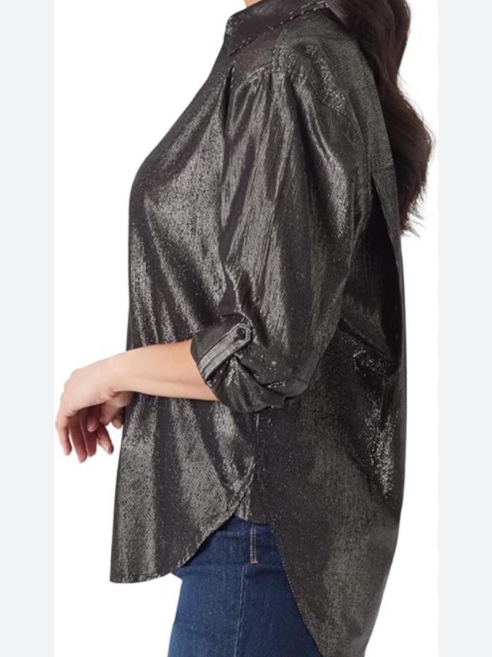 Gloria Vanderbilt Shimmery Black Button-Front Shirt - Picture 3 of 8
